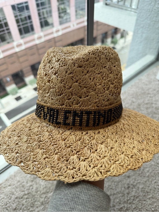 Valentino Tan Woven Straw Hat with Black Embroidered Logo Band main image 5